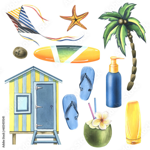 A set of pictures with beach cabin, surfboard, summer vacation and vacation accessories, palms, sunscreen. Watercolor illustration, hand drawn. Isolated objects on a white background. Clip art. photo