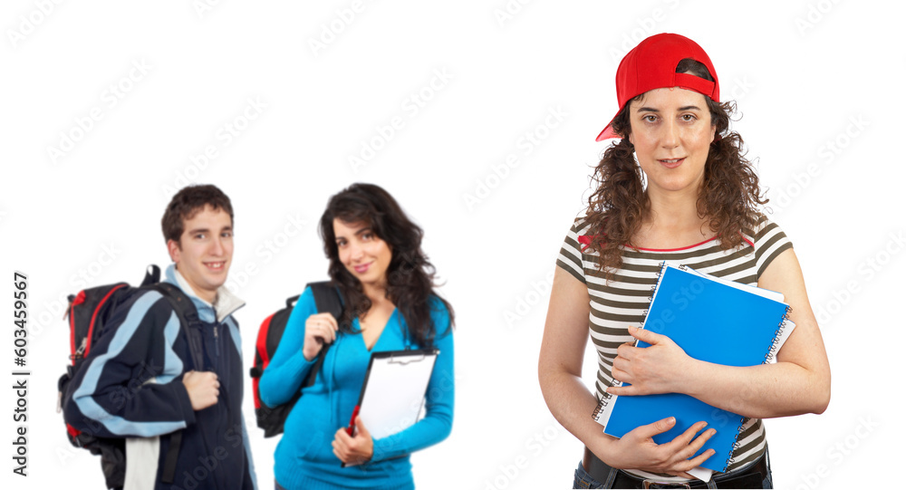 Three students with books and backpacks over a white background. Focus at front Three students with books and backpacks over a white background. Focus at front