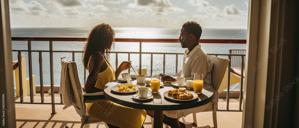 Happy afro couple having breakfast in hotel room in a vacational place. Image Generative AI.