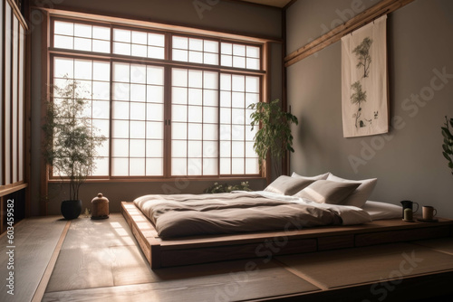 A serene and zen-inspired bedroom with a platform bed  minimalistic decor  and a calming color palette for a peaceful and restful atmosphere. Generative AI