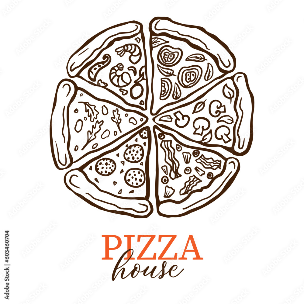 Pizza house doodle outline vector logo. Whole pizza slices for delivery service, restaurant, dinner and italian menu. Graphic icon on white background. Pizzeria logo template.
