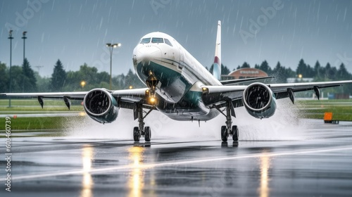 Passenger jet airplane departuring during the rainy day