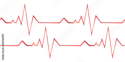Red heartbeat graph, cardiogram. Watercolor illustration. Seamless board on a white background from the VETERINARY collection. For decoration and design, composition