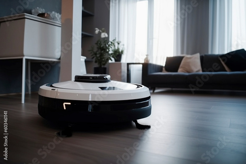 Generative AI  white robot vacuum in house. System for cleaning. new technologies in the modern world.