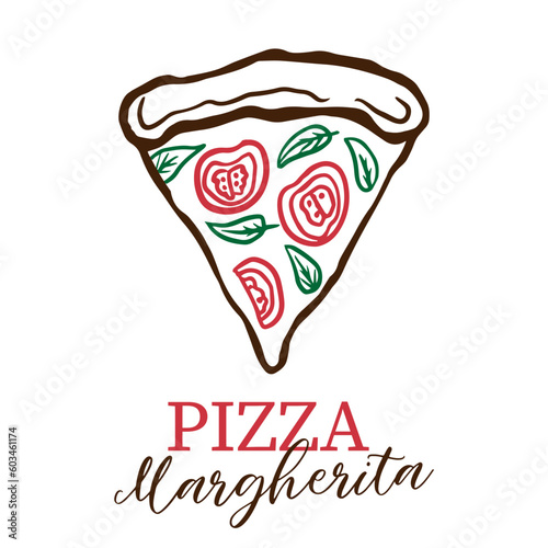Slice of pizza margherita doodle outline vector icon  for delivery service, restaurant, dinner and italian menu. Graphic icon, logo on white background. Pizzeria logo template.