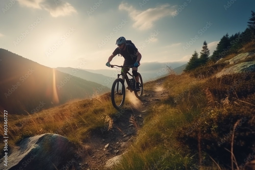 Fototapeta premium MTB bike ride on mountains trial. Active and adventure man on bike. Generative AI