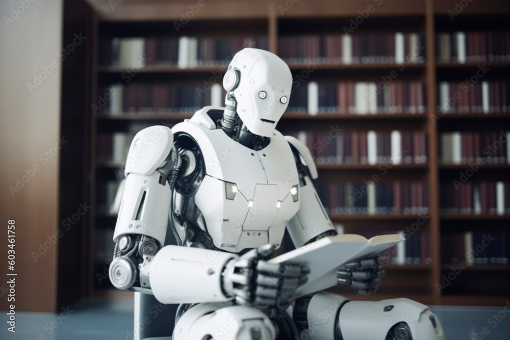 Naklejka premium Generative AI, robot read book in library. education and learning concept. new future technology, futuristic and technology style