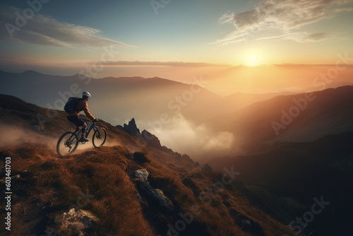 MTB bike ride on mountains trial. Active and adventure man on bike. Generative AI © marcin jucha