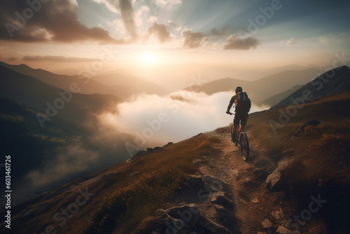 MTB bike ride on mountains trial. Active and adventure man on bike. Generative AI
