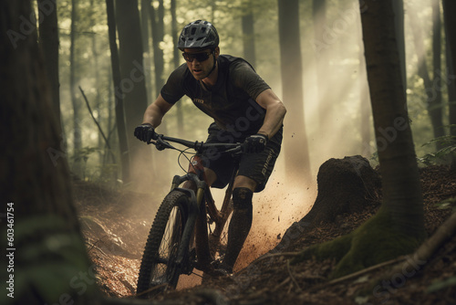 MTB bike ride on forest trial. Active and adventure man on bike. Generative AI