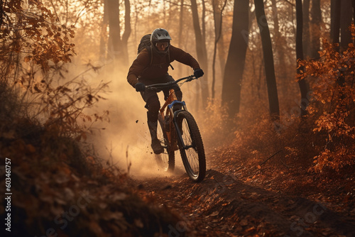 MTB bike ride on forest trial. Active and adventure man on bike. Generative AI