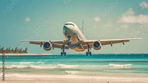 Passenger jet airplane landing at the tropical beach