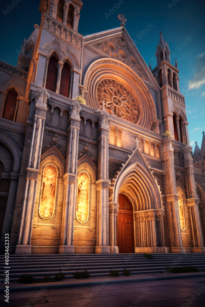 Cathedral exterior architecture, night. Generative AI