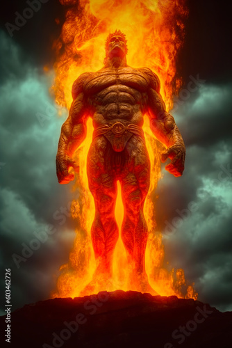 A fantasy superhero on fire is standing on a rock Generative AI