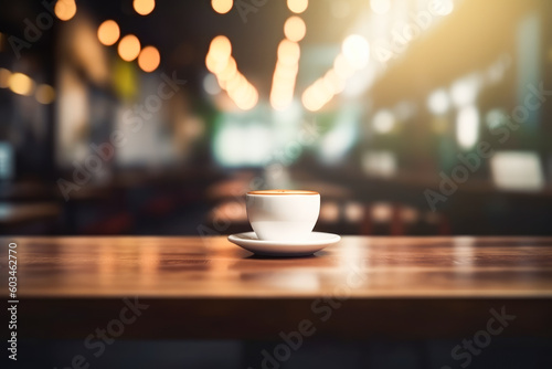 Coffee cup on café table top against blurred background. Generative AI.