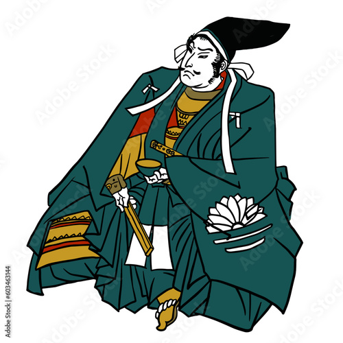 The figure of a Japanese samurai sitting on the floor. illustration based on traditional Japanese engraving for menu design and interior design of an oriental restaurant, sushi shop.