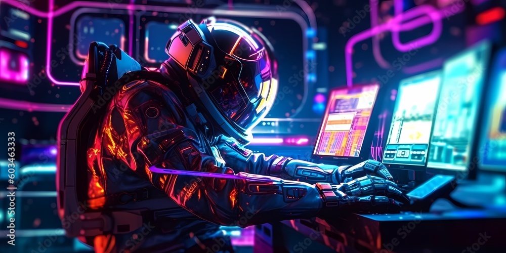 Retrowave Neon illustration of male wearing space suit figure accessing virtual terminal. Alien data interface explorer astronaut. Generative Ai.
