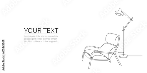 Continuous one line drawing of armchair, lamp with place for text. Interior Living room with modern furniture: couch, light lamp. Single line daybed. Template Contour of indoor furniture Doodle vector