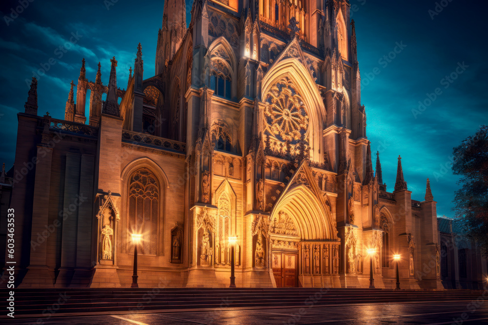 Fototapeta premium Cathedral exterior architecture, night. Generative AI