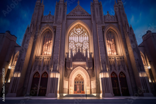 Cathedral exterior architecture  night. Generative AI