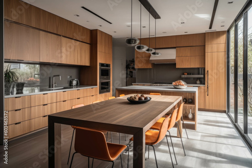 A contemporary kitchen with sleek countertops  stainless steel appliances  and an open layout that seamlessly connects to the dining area. Generative AI