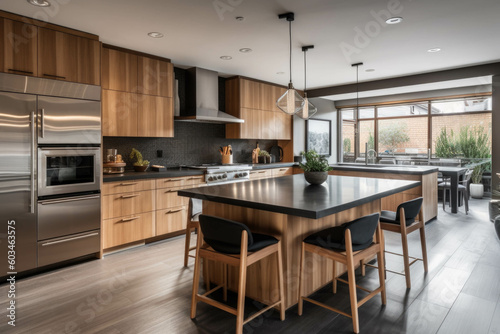 A contemporary kitchen with sleek countertops, stainless steel appliances, and an open layout that seamlessly connects to the dining area. Generative AI