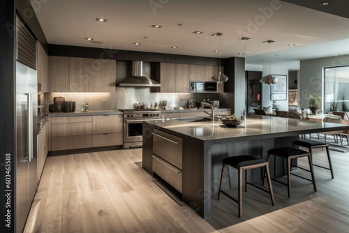 A contemporary kitchen with sleek countertops, stainless steel appliances, and an open layout that seamlessly connects to the dining area. Generative AI