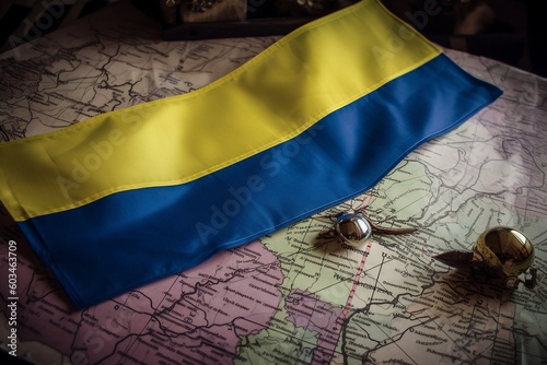 Ukraine flag over map Russia Ukraine war concept - generative ai 