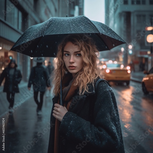 A AI generated, non-existing beautiful woman in rain
