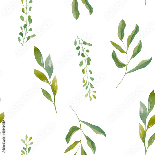 seamless pattern with leaves. Watercolor pattern with leaves. Green seamless background. Watercolor twigs. watercolor floral illustration on a white background. Seamless background with summer motifs
