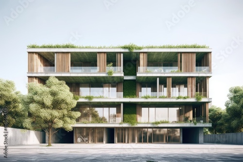 Front one point perspective exterior view facade of modern apartment building green wall