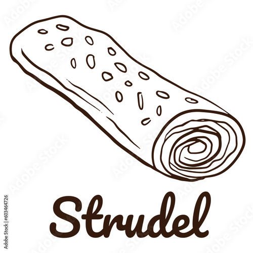Strudel -  kind of roll homemade pastry. Doodle hand drawn illustration of pay for decoration of bakery products shop and menu.  Vector illustration.