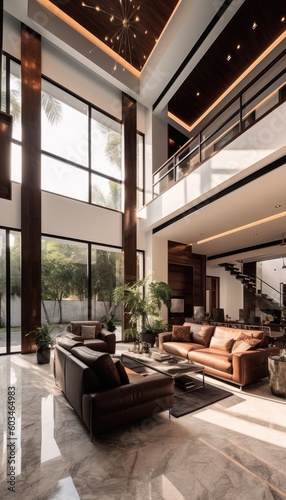 The stunning interior of the house with high ceilings modern  panoramic windows  marble flooring generative ai