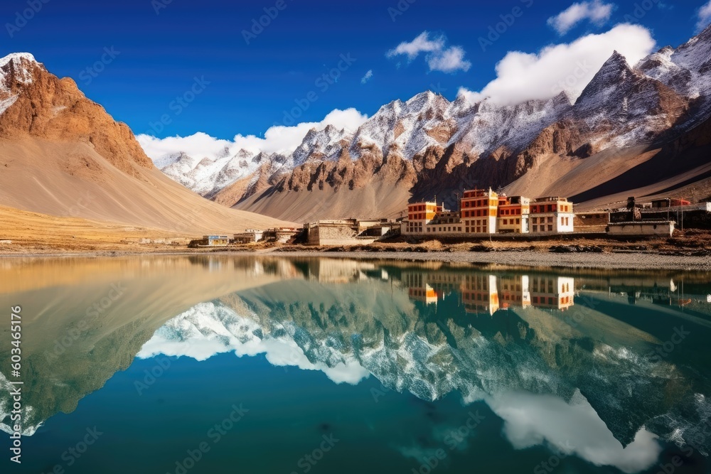 hill retreat with wonderful Tibetan-style monasteries with lake surrounded by snow-covered mountainous peaks  - obrazy, fototapety, plakaty 
