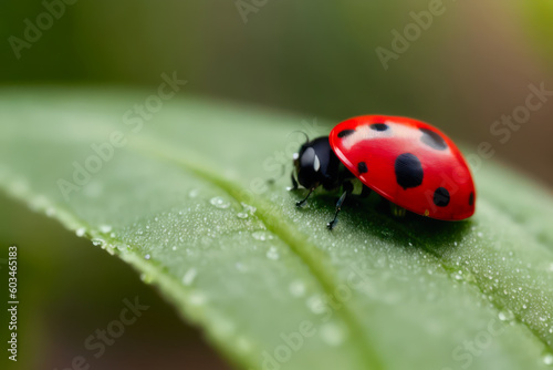 Digital macro photo of a ladybug with water drops sits on a leaf. The concept of ecological environment. Generative AI © mikhailberkut