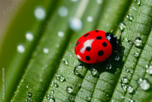 Digital macro photo of a ladybug with water drops sits on a leaf. The concept of ecological environment. Generative AI