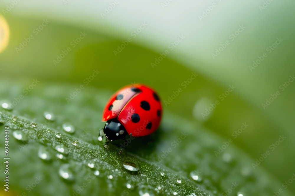 Digital macro photo of a ladybug with water drops sits on a leaf. The concept of ecological environment. Generative AI Digital macro photo of a ladybug with water drops sits on a leaf. The concept of ecological environment. Generative AI