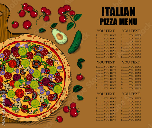 Italian pizza poster. Big round tasty pizza. Conceptual design of a restaurant menu. Vintage engraving stylized line drawing. Vector illustration.