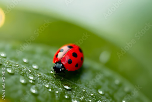 Digital macro photo of a ladybug with water drops sits on a leaf. The concept of ecological environment. Generative AI © mikhailberkut