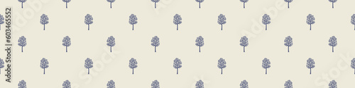 Masculine block print woodland tree vector ribbon. Seamless sketchy outdoor forest organic style for rustic washi tape.  photo