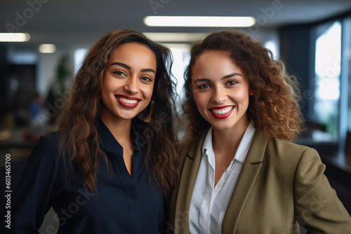 Portrait of multiracial business women smiling on camera inside modern office. AI © Oleksandr Blishch