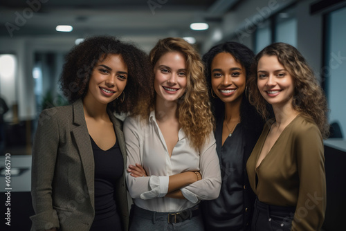 Portrait of multiracial business women smiling on camera inside modern office. AI