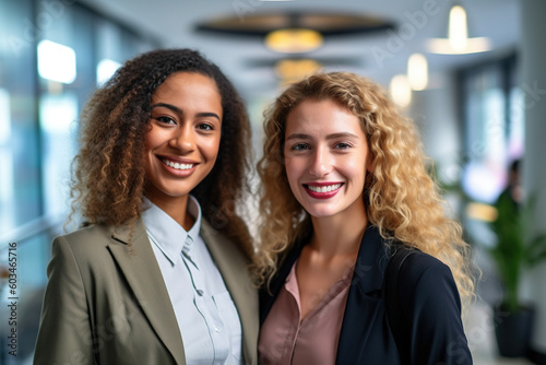 Portrait of multiracial business women smiling on camera inside modern office. AI
