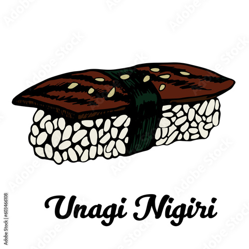 Unagi nigiri sushi with smoked eel fish and rice wrapped in nori seaweed. Japanese outline vector hand drawn sushi rolls illustration isolated on white for sushi menu, restaurant, site.