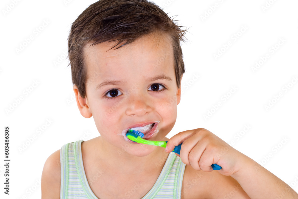 Little boy brushing his teeth - isolated, closeup Little boy brushing his teeth - isolated, closeup