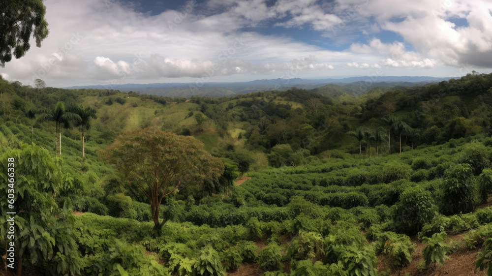 Coffee plantation. Landscape with coffee trees. Ripening coffee berry, organic harvest. Created with Generative AI