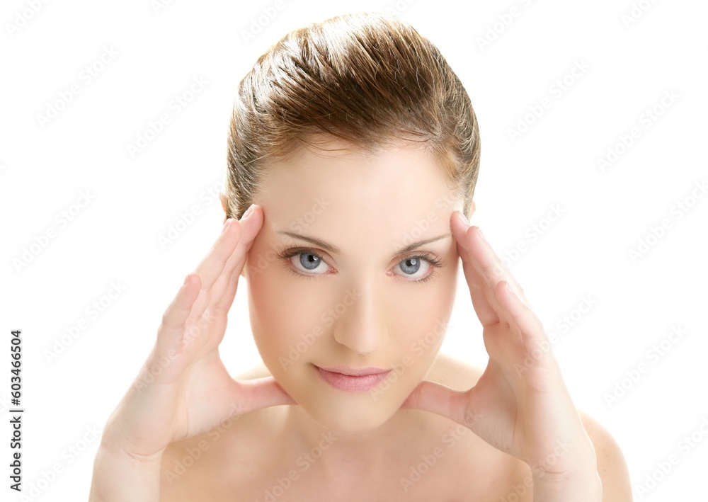 Beautiful woman portrait with hands on head isolated on white at studio Beautiful woman portrait with hands on head isolated on white at studio