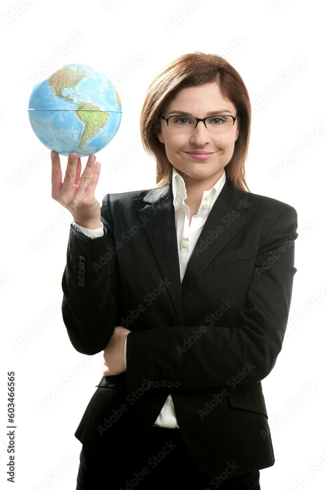 Businesswoman portrait with global map, isolated on white studio background Businesswoman portrait with global map, isolated on white studio background