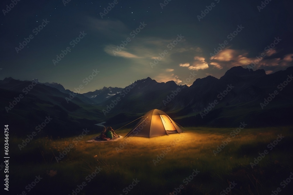 Mountain Camping Delight Tent Amidst Majestic Landscape. Generative AI
