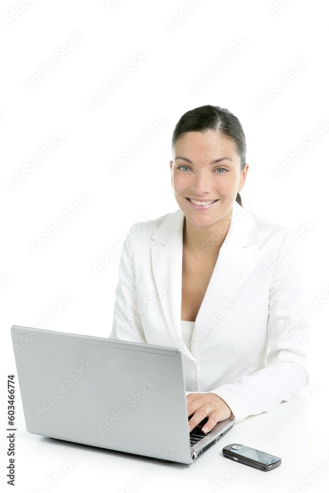 Modern businesswoman with white suit and laptop computer Modern businesswoman with white suit and laptop computer